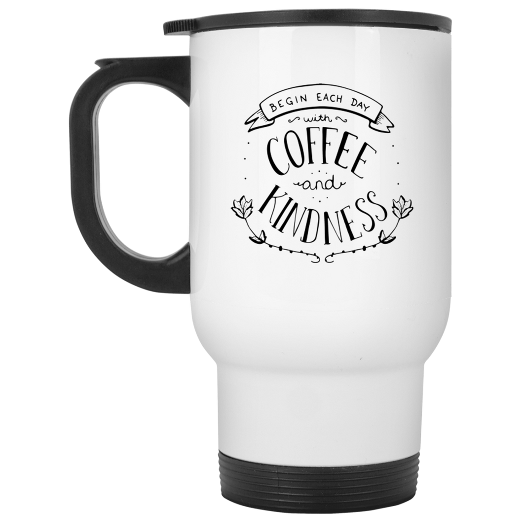 :Coffee and Kindness 14 oz White Travel Mug